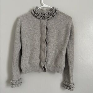 Pink Pineapple 100% Cashmere Ruffle Trim Cardigan Sweater Grey Size M